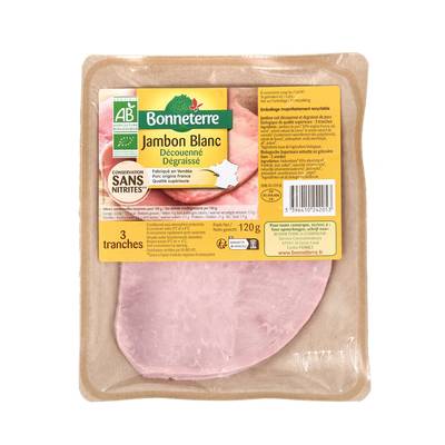 Bonneterre Jambon Blanc Bio Découenné Dégraissé, 3 tranches - 120g