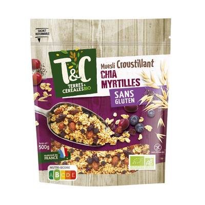Terres et Céréales Bio Muesli Croustillant Graine de Chia et Myrtille sans gluten Bio, 500g