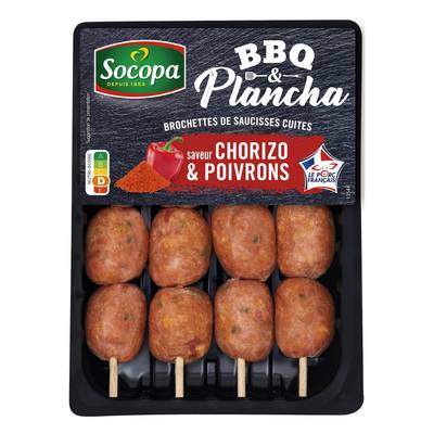 Socopa 4 Mini Brochettes de Saucisses cuites saveur Chorizo et Poivrons 4x75g, 300g