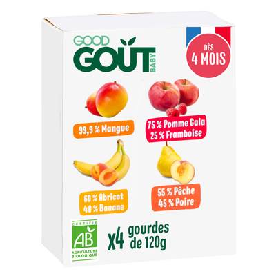 Good Goût 4 Variétés de Fruits Bio Gourde Bébé Dès 4 Mois, 4x120g