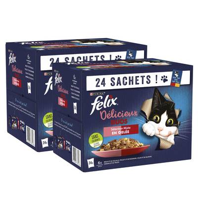 Purina - Félix Sachets en Gelée Délicieux Duos Sélection Mixte 4 variétés pour chat, Lot de 2x24x85g
