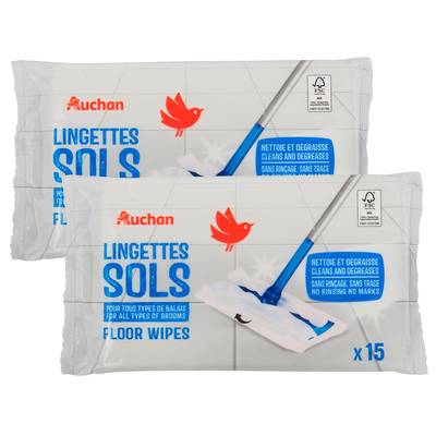 Auchan Lingettes nettoyantes sols, Lot de 2x15 lingettes