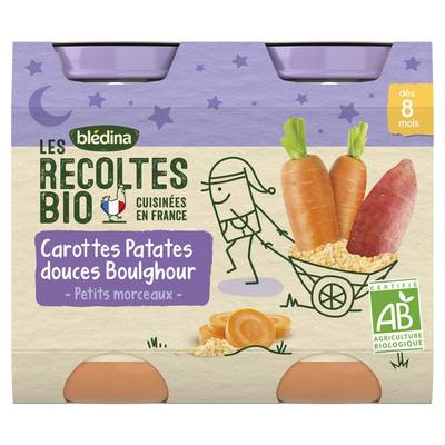 Blédina - Les Récoltes Bio Carottes, Patates Douces, Boulgour Bio Pots Bébé Dès 8 mois, 2x200g