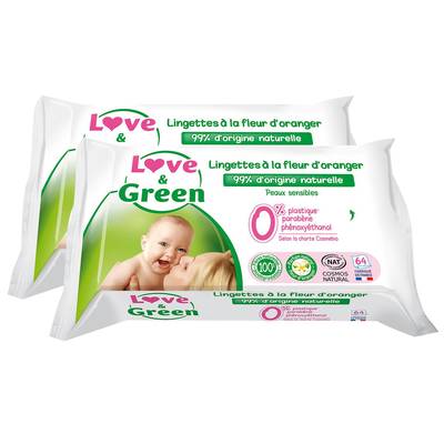 Love & Green Lingettes hypoallergéniques à la fleur d'oranger Bio, Lot de 2x64  lingettes
