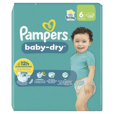 Pampers Babydry Couches Bébés Baby-Dry 13-18kg T6, 33 couches