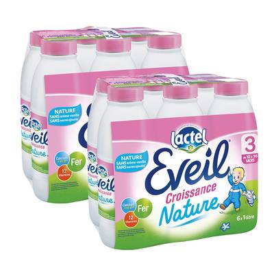 Lactel Eveil Lait de Croissance 3 Nature Liquide Bébé Dès 10 mois, Lot de 2x6x1L