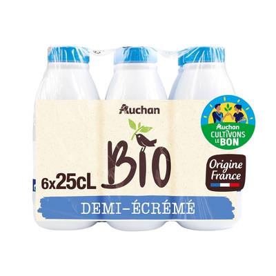 Auchan Solidaires Bio Lait demi-écrémé Bio UHT, 6x25cl