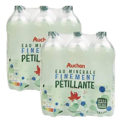 Auchan Eau minérale naturelle gazeuse, Lot de 2 packs de 6x1,25L