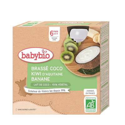 Babybio Brassé Végétal Lait de Coco, Kiwi, Banane Bio Gourde Bébé Dès 6 mois, 4x85g