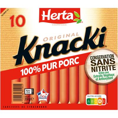 Herta Knacki Originale 100% Pur Porc, Conservation Sans Nitrites, 10 saucisses - 350g