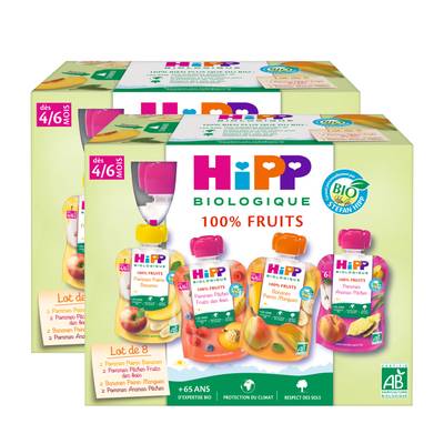 Hipp - 100% Fruits 4 variétés Pomme Poire Banane, Pomme Pêche Fruits des bois, Banane Poire Bio Gourdes Bébé Dès 4/6 mois, Lot de 2x8x90g