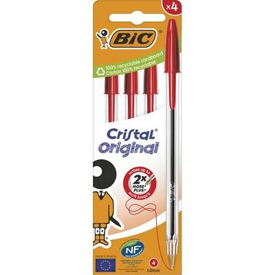 Bic Stylos bille cristal rouge pointe moyenne, 4 stylos