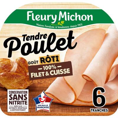 Fleury Michon Tentre Poulet Goût Rôti, Conservation Sans Nitrites, 6 tranches - 195g