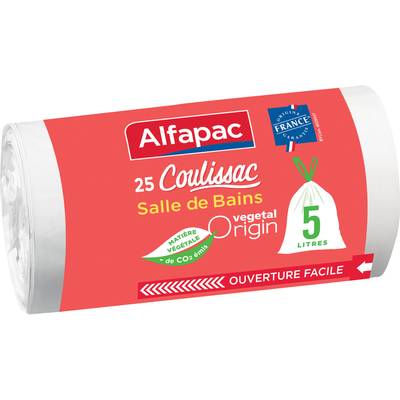 Alfapac Sacs poubelle 5L salle de bains coulissac vegetal origin, 25 sacs de 5L