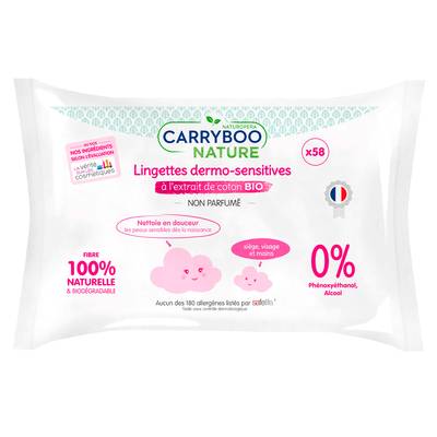 Carryboo  Lingettes Dermo-Sensitives à l'extrait de coton Bio, 58 lingettes