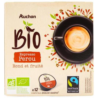 Auchan BIO Capsules de café Espresso Pérou Bio, 12 capsules