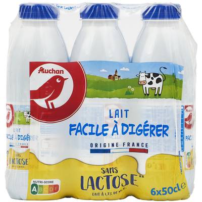 Auchan Lait facile à digérer sans lactose UHT, 6x50cl