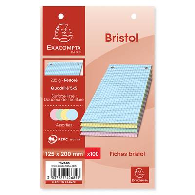 Exacompta Fiches Bristol 12,5 x 20 cm couleurs assorties petits carreaux, 100  fiches