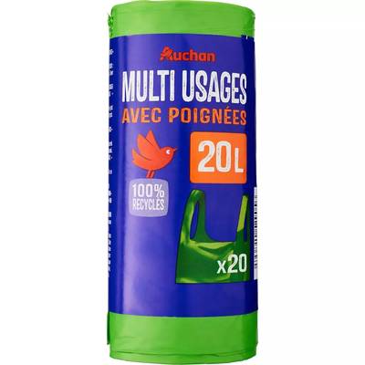 Auchan Sacs poubelle multifonctions à poignée 20L, 20 sacs poubelles