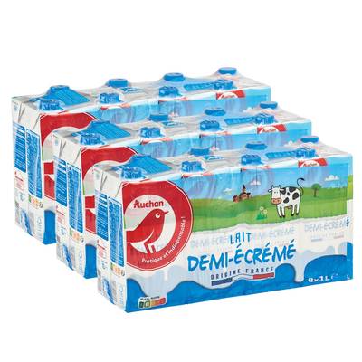 Auchan Lait demi-écrémé UHT, Lot de 3 - 8x1L