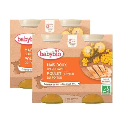 Babybio Maïs doux, Poulet fermier du Poitou Bio Pots Bébé Dès 8 mois, Lot de 2x2x200g