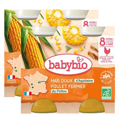 Babybio Maïs doux, Poulet fermier du Poitou Bio Pots Bébé Dès 8 mois, Lot de 2x2x200g