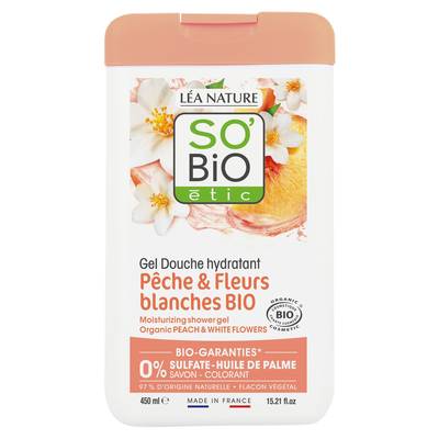 SO'BIO ETIC Gel Douche Hydratant Pêche & Fleurs Blanches Bio, 450ml