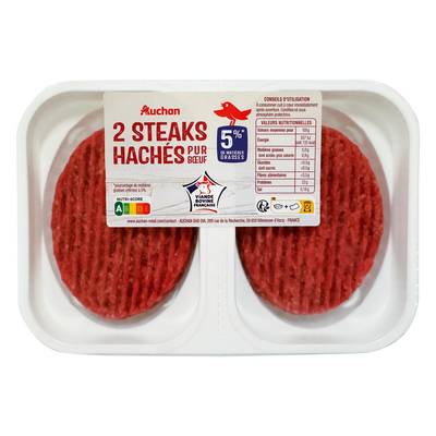 Auchan Steaks Hachés Pur Boeuf 5%MG, 2x100g