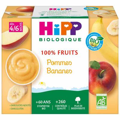Hipp - 100% Fruits Pommes Bananes Bio Coupelle Bébé Dès 4/6 mois, 4x100g
