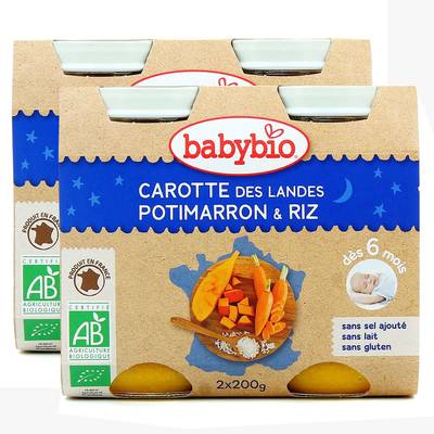 Babybio Carottes des Landes Potimarron Riz Bio Pots Bébé dès 6 mois, Lot de 2x2x200g