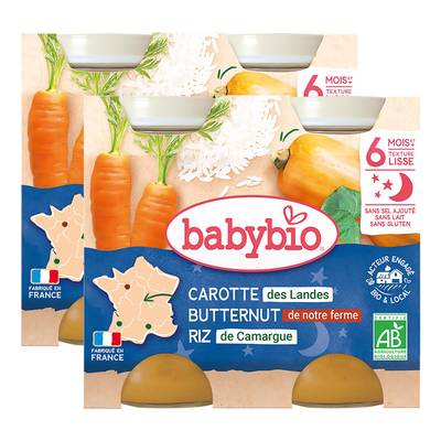 Babybio Carottes des Landes Potimarron Riz Bio Pots Bébé dès 6 mois, Lot de 2x2x200g