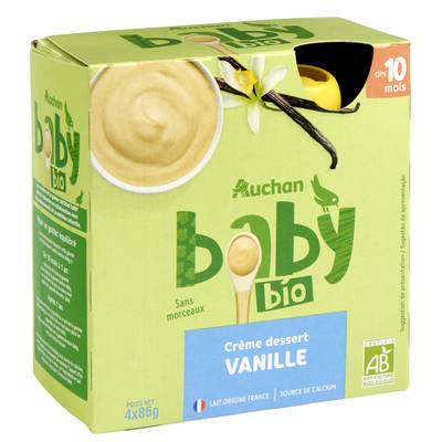 Auchan Baby Bio Dessert lacté Saveur Vanille Bio Gourde Bébé dès 10 mois, 4x85g