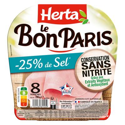 Herta Jambon le Bon Paris Taux de Sel Réduit*, Conservation Sans Nitrite, 8 tranches - 280g