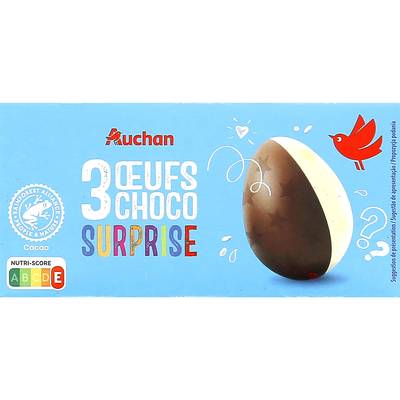Auchan Oeufs surprise au chocolat au lait et chocolat blanc x3, 60g