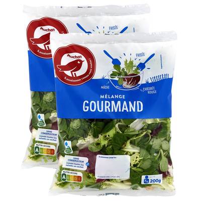 Auchan Mélange Gourmand de Frisée Mâche et Chicorée Rouge, Lot de 2x200g