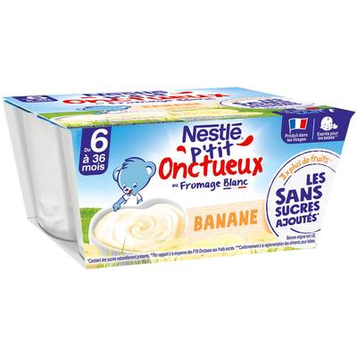 Nestlé - P'tit Onctueux Desserts Lactés Banane Fromage Blanc Sans Sucres Ajoutés Coupelle Bébé Dès 6 mois, 4x90g