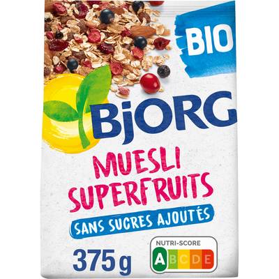 Bjorg Muesli superfruits raisin cassis cranberry myrtille bio, 375g