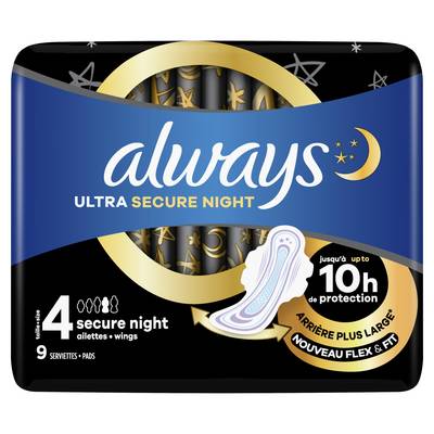 Always Serviettes avec ailettes Ultra Secure Night (Taille 4), 9 serviettes