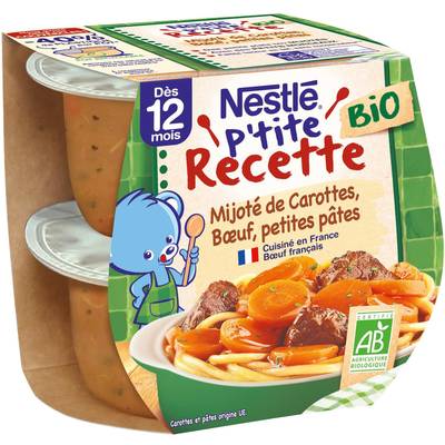 Nestlé - P'tite Recette Mijoté de Carottes, Boeuf et Petites Pâtes Bio Bol Bébé Dès 12 mois, 2x190g