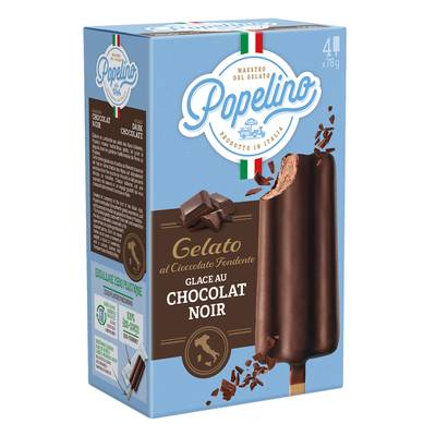 Popelino Glace au chocolat noir intense enrobage chocolat noir, 4 bâtonnets - 312g