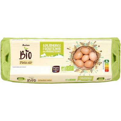Auchan BIO Oeufs de poules Bio élevées en plein air, 12 oeufs