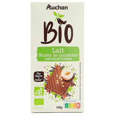 Auchan BIO Tablette de chocolat au lait éclats de noisettes caramélisées bio, 100g