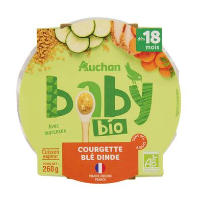 Auchan Baby Bio Courgette blé et dinde Bio Assiette bébé dès 18 mois, 260g