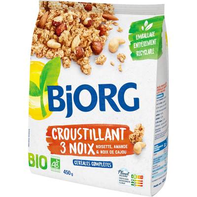 Bjorg Croustillant 3 Noix Céréales Complètes Bio - Noisettes, Amandes, Noix de Cajou complètes, 450g