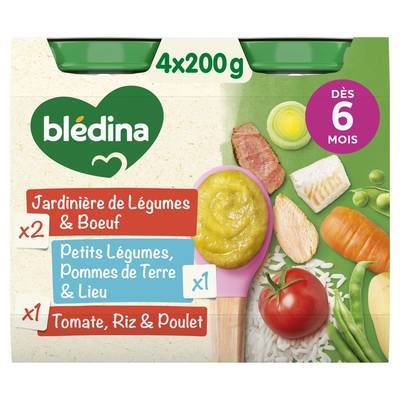 Blédina Jardinière de légumes Bœuf, légumes Pommes de terre Lieu et Tomates Riz Poulet Pot Bébé Dès 6 Mois, 4x200g