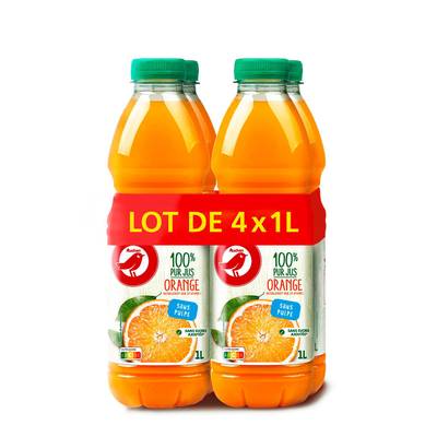 Auchan Pur jus d'orange sans pulpe et sans sucres ajoutés, 4x1L