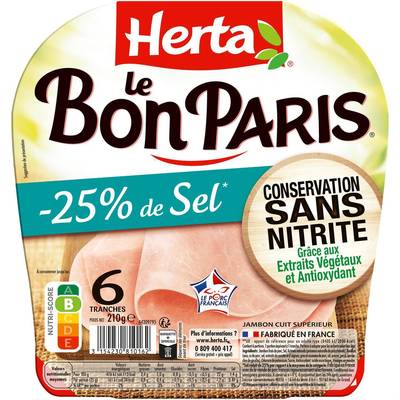 Herta Jambon Le Bon Paris, Taux de Sel Réduit - 25%* et Conservation Sans Nitrites, 6 tranches - 210g