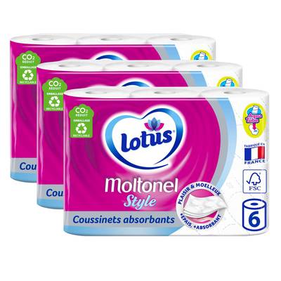 Moltonel Papier toilette style 3 épaisseurs blanc, Lot de 3x6 rouleaux