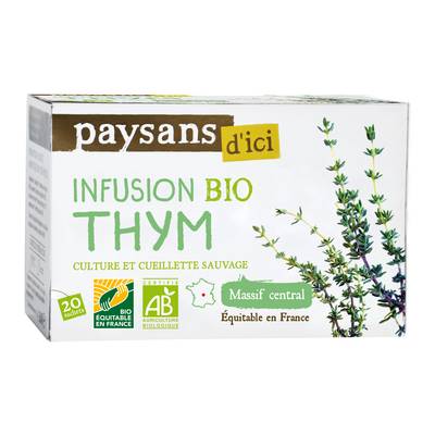 Paysans d'ici - Commerce Equitable Infusion Thym du Massif Central Bio - 20 sachets, 30g
