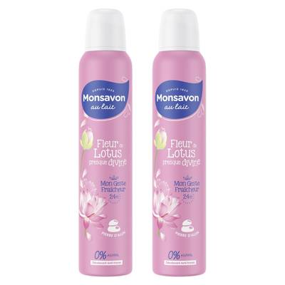 Monsavon Déodorant spray 24h à la pierre d'alun parfum lait et fleur de lotus, Lot de 2x200ml
